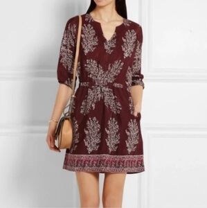 Madewell Lassi Blouson Dress 100% Silk Burgundy Floral V-neck Waistband 00 Boho